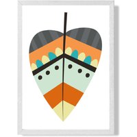 ARTZE Tribal Leaf Framed Print SIZE: A4 with White Frame in Orange | Size: A2