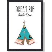 ARTZE Dream Big Tribal Quote Framed Print SIZE: A3 with Black Frame in Bright Blue