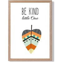 ARTZE Be Kind Leaf Tribal Quote Framed Print SIZE: A3 with Oak Frame in Bright Blue | Size: A2