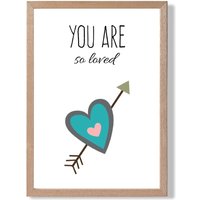 ARTZE You are So Loved Blue Tribal Quote Framed Print SIZE: A2 with Oak Frame in Bright Blue