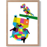 ARTZE Bear Bright Geometric Animal Framed Print SIZE: A2 with Oak Frame | Size: A3