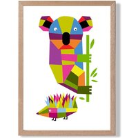 ARTZE Koala Bright Geometric Animal Framed Print SIZE: A2 with Oak Frame | Size: A3