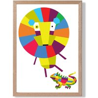 ARTZE Lion Bright Geometric Animal Framed Print SIZE: A2 with Oak Frame | Size: A3