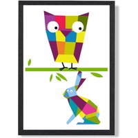 ARTZE Owl Bright Geometric Animal Framed Print SIZE: A4 with Black Frame | Size: A3
