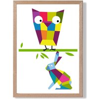 ARTZE Owl Bright Geometric Animal Framed Print SIZE: A3 with Oak Frame | Size: A2