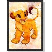 ARTZE Simba Cub Watercolour Lion King Framed Print SIZE: A2 with Black Frame in Yellow | Size: A3