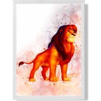 ARTZE Mufasa Watercolour Lion King Framed Print SIZE: A2 with White Frame in Red | Size: A4
