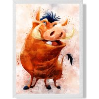 ARTZE Pumba Watercolour Lion King Framed Print SIZE: A3 with White Frame in Brown