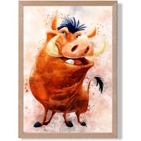 ARTZE Pumba Watercolour Lion King Framed Print SIZE: A4 with Oak Frame in Brown | Size: A2