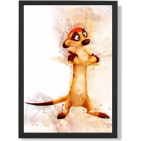 ARTZE Timon Watercolour Lion King Framed Print SIZE: A2 with Black Frame in Orange | Size: A4
