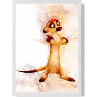 ARTZE Timon Watercolour Lion King Framed Print SIZE: A2 with White Frame in Orange | Size: A4