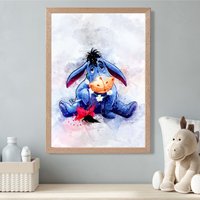 ARTZE Eeyore Watercolour Winnie the Pooh Art Print with Oak Frame SIZE: A2 in Purple