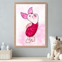 ARTZE Piglet Watercolour Winnie the Pooh Art Print with Oak Frame SIZE: A3 in Pink | Size: A4