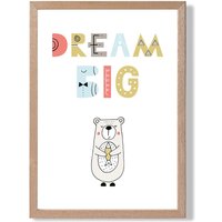 ARTZE Cute Dream Big Bear Scandi Quote Framed Print SIZE: A4 with Oak Frame in Pale Blue