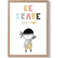 ARTZE Cute Colourful Be Brave Little Boy Scandi Quote Framed Print SIZE: A4 with Oak Frame in Pale Blue | Size: A2