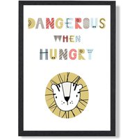 ARTZE Cute Dangerous When Hungry Lion Scandi Quote Framed Print SIZE: A4 with Black Frame in Pale Blue | Size: A3
