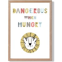 ARTZE Cute Dangerous When Hungry Lion Scandi Quote Framed Print SIZE: A3 with Oak Frame in Pale Blue