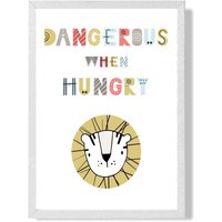 ARTZE Cute Dangerous When Hungry Lion Scandi Quote Framed Print SIZE: A4 with White Frame in Pale Blue | Size: A2