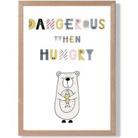 ARTZE Cute Dangerous When Hungry Bear Scandi Quote Framed Print SIZE: A2 with Oak Frame in Pink