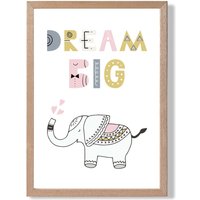 ARTZE Cute Dream Big Elephant Scandi Quote Framed Print SIZE: A3 with Oak Frame in Pink | Size: A4