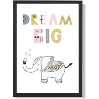 ARTZE Cute Dream Big Elephant Scandi Quote Framed Print SIZE: A4 with Black Frame in Pink | Size: A2
