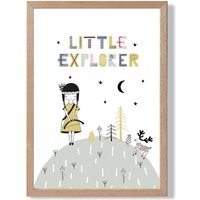 ARTZE Cute Little Explorer Scandi Quote Framed Print SIZE: A3 with Oak Frame in Pink | Size: A2