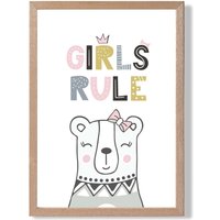 ARTZE Cute Girls Rule Bear Scandi Quote Framed Print SIZE: A2 with Oak Frame in Pink | Size: A4