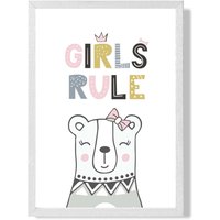 ARTZE Cute Girls Rule Bear Scandi Quote Framed Print SIZE: A4 with White Frame in Pink | Size: A3