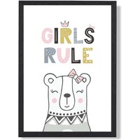 ARTZE Cute Girls Rule Bear Scandi Quote Framed Print SIZE: A3 with Black Frame in Pink | Size: A2