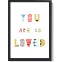 ARTZE Cute You are so loved Blue Scandi Quote Framed Print SIZE: A2 with Black Frame in Pale Blue