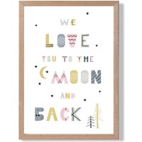 ARTZE Cute Love you to the Moon Pink Scandi Quote Framed Print SIZE: A3 with Oak Frame | Size: A4