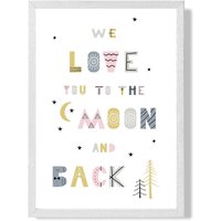 ARTZE Cute Love you to the Moon Pink Scandi Quote Framed Print SIZE: A4 with White Frame | Size: A3