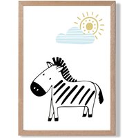 ARTZE Cute Zebra Scandi Animal Framed Print SIZE: A3 with Oak Frame in Pale Blue