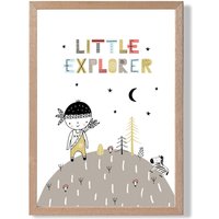 ARTZE Cute Little Boy Explorer Scandi Quote Framed Print SIZE: A2 with Oak Frame in Pale Blue