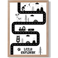 ARTZE Cute Little Explorer Map Scandi Framed Print SIZE: A2 with Oak Frame in Black | Size: A4