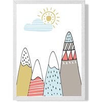ARTZE Cute Scandi Mountains Framed Print SIZE: A2 with White Frame in Pale Blue | Size: A4