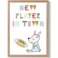 ARTZE Cute New Player in Town Scandi Quote Framed Print SIZE: A3 with Oak Frame in Pale Blue | Size: A2
