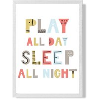 ARTZE Cute Play All Day Scandi Quote Framed Print SIZE: A2 with White Frame in Pale Blue | Size: A4