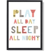 ARTZE Cute Play All Day Scandi Quote Framed Print SIZE: A3 with Black Frame in Pale Blue | Size: A2