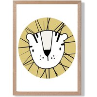 ARTZE Cute Yellow Lion Scandi Animal Framed Print SIZE: A4 with Oak Frame