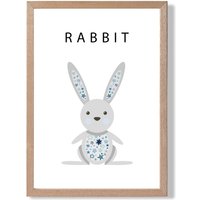 ARTZE Cute Rabbit with Blue Stars Framed Print SIZE: A2 with Oak Frame in Pale Blue | Size: A3