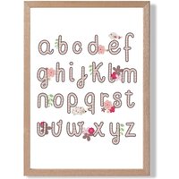 ARTZE Cute Alphabet with Pink Flowers Framed Print SIZE: A2 with Oak Frame