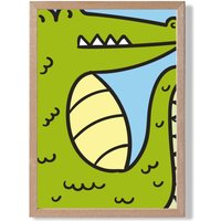 ARTZE Cute Cartoon Style Crocodile Framed Print SIZE: A4 with Oak Frame in Bright Green | Size: A2