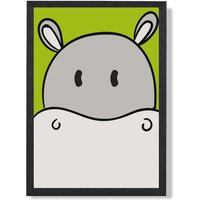 ARTZE Cute Cartoon Style Hippo Face Framed Print SIZE: A2 with Black Frame in Grey | Size: A4
