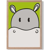ARTZE Cute Cartoon Style Hippo Face Framed Print SIZE: A2 with Oak Frame in Grey | Size: A4