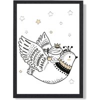ARTZE Scandi Princess Little & Flying Bird Framed Print SIZE: A4 with Black Frame
