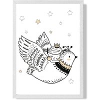 ARTZE Scandi Princess Little & Flying Bird Framed Print SIZE: A4 with White Frame in Black | Size: A3