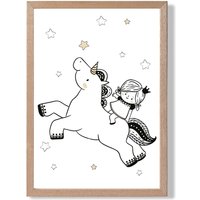 ARTZE Scandi Princess Little & Unicorn Framed Print SIZE: A3 with Oak Frame in Black | Size: A4