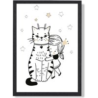 ARTZE Scandi Princess Little Hugging Cat Framed Print SIZE: A4 with Black Frame | Size: A2