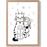 ARTZE Scandi Princess Little Hugging Cat Framed Print SIZE: A4 with Oak Frame in Black | Size: A2